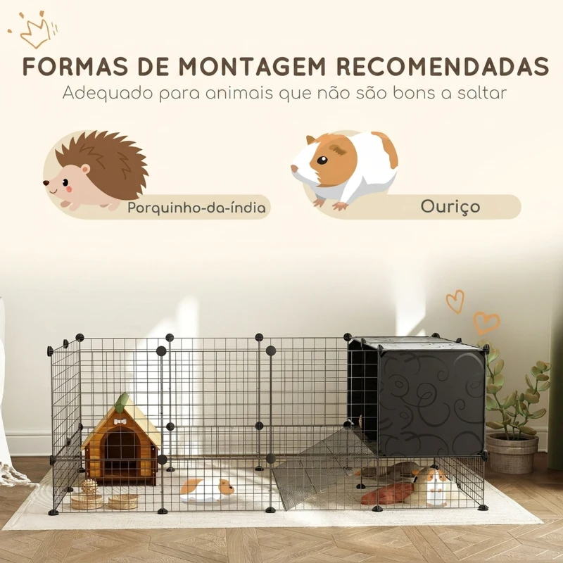 PawHut Vedação Modular para Animais, Parque para Coelhos com Abrigos, Recinto para Porquinhos-da-Índia, Coelhos e Ouriços, Preto