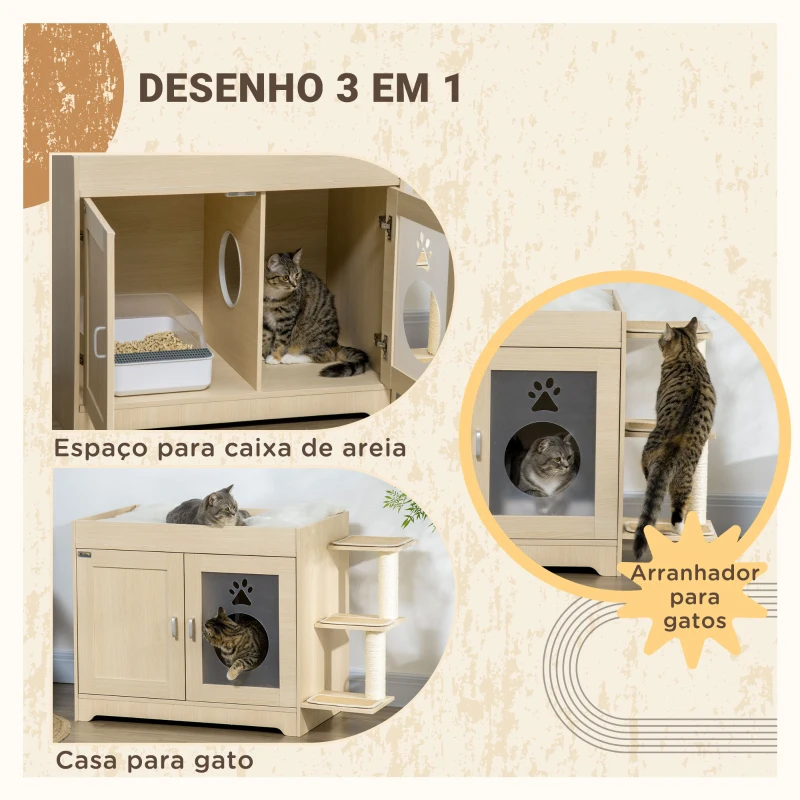 PawHut Caixa de Areia para Gatos de Madeira com Cama Almofada Suave 3 Plataformas e Postes de Sisal 107x54x70cm Carvalho