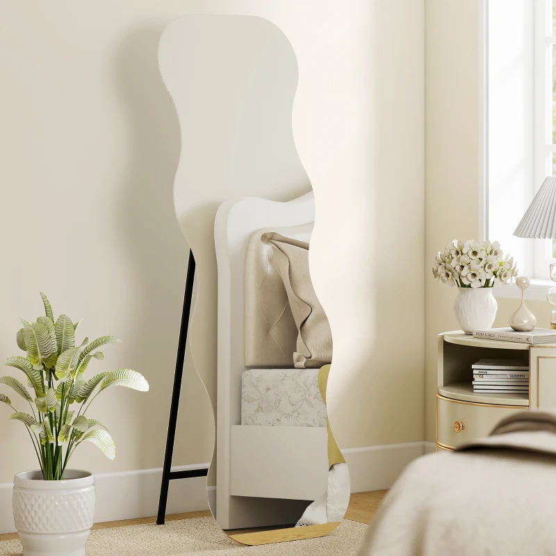 HOMCOM Espelho de Pé 160x50 cm sem Moldura Espelho de Corpo Inteiro com Forma Ondulada Suporte e Base de Madeira Preto
