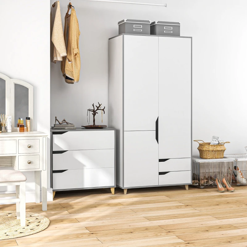 HOMCOM Bedroom Furniture Set, Wardrobe with Hanging Rail, 3 Drawer Chest of Drawers with Cut-out Handles, Grey and White