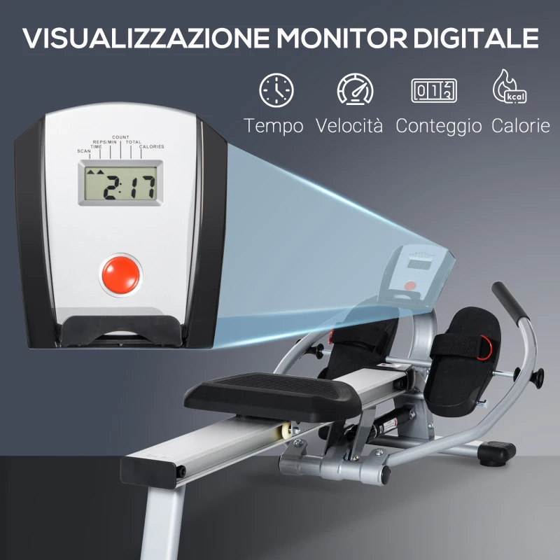 HOMCOM Vogatore a 12 Resistenze con Monitor Digitale e Struttura in Alluminio, Acciaio e ABS, 160x61x50 cm