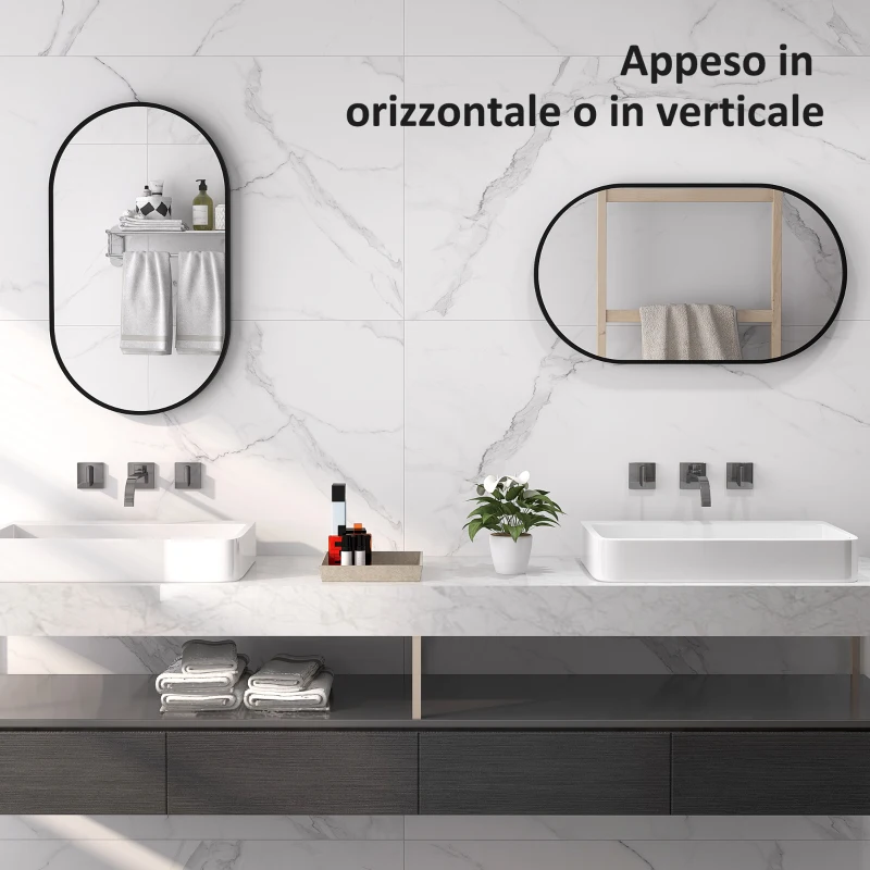 HOMCOM Specchio Bagno Ovale da Parete con Cornice in Alluminio, Verticale o Orizzontale, 40x70cm, Nero