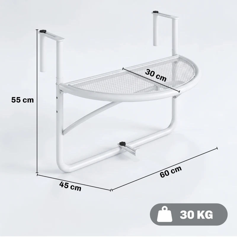 Outsunny Tavolino da Ringhiera Pieghevole con 3 Altezze Regolabili in Metallo, 60x47x50cm, Bianco