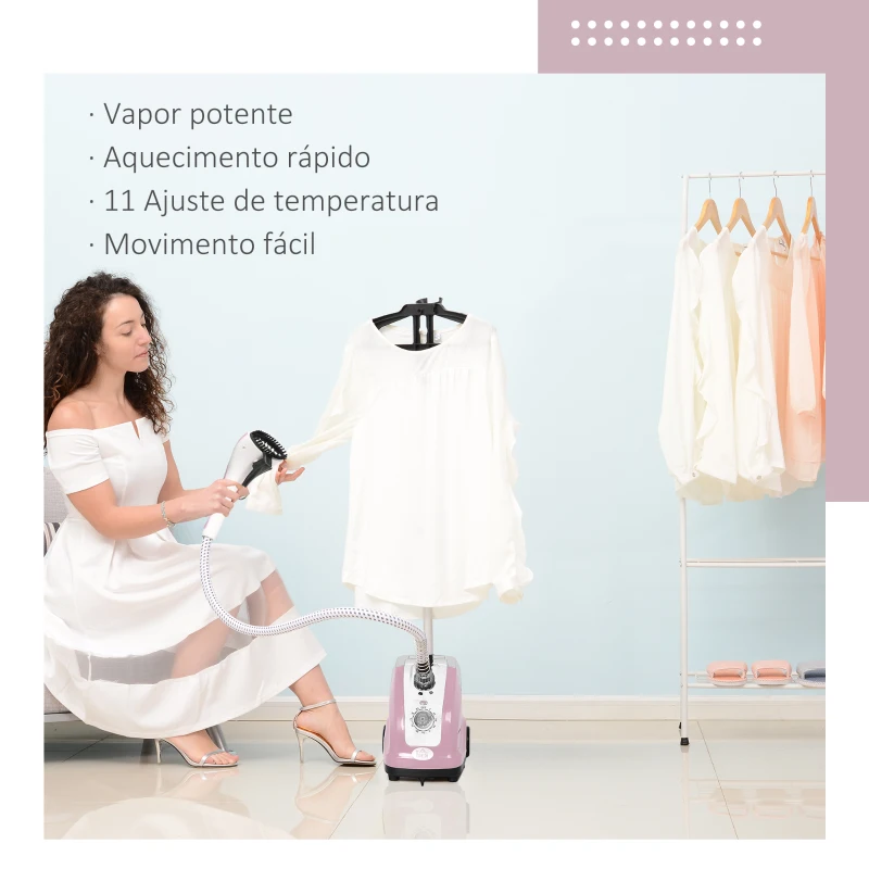 HOMCOM Ferro de Engomar a Vapor com Depósito de 1,4L e Temperatura Ajustável em 11 Níveis 26x21,5x146 cm Rosa