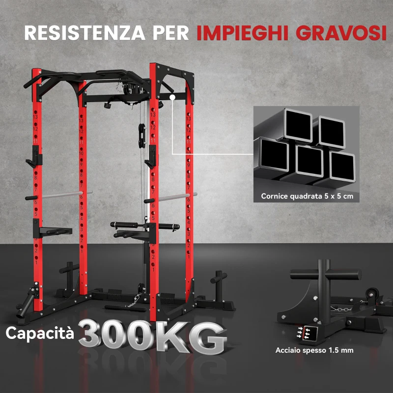 SPORTNOW Stazione Fitness con Supporto per Bilanciere e Barra per Trazioni e Dip, in Acciaio, 191x153x205 cm, Rosso e Nero