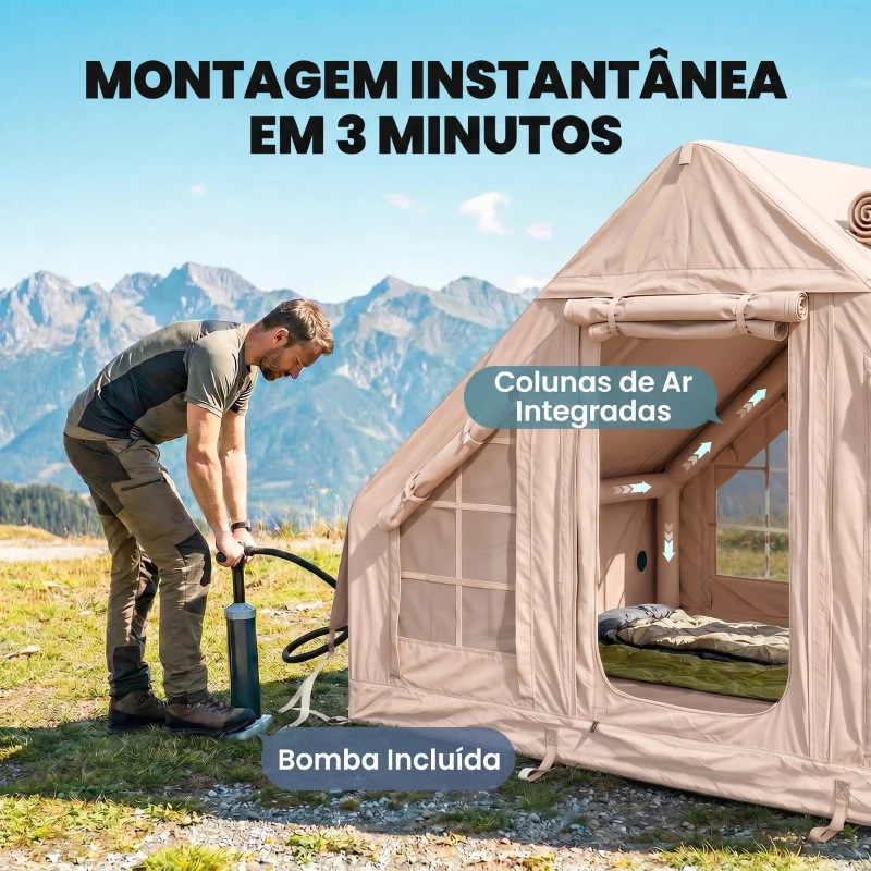Outsunny Tenda Insuflável com Saída para Fogão e Claraboia Bomba Bolsa UPF30+ para 4 Estações Impermeável 5000+
