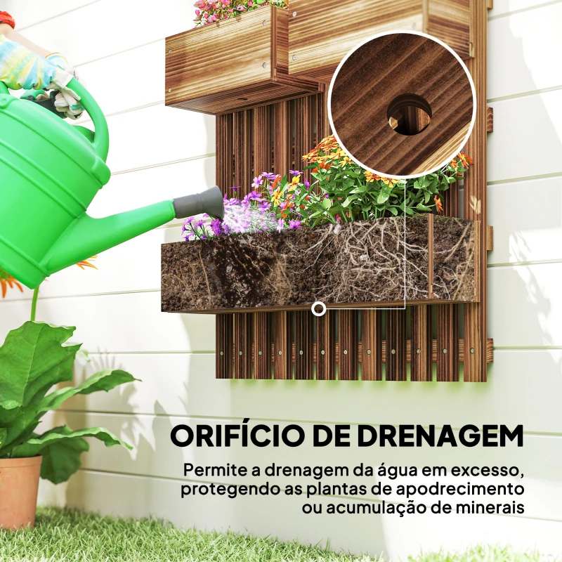 Outsunny Floreira de Parede com Treliça Floreira Vertical de Madeira com 4 Vasos Móveis e Orifício de Drenagem  60x16x80 cm Madeira Carbonizada