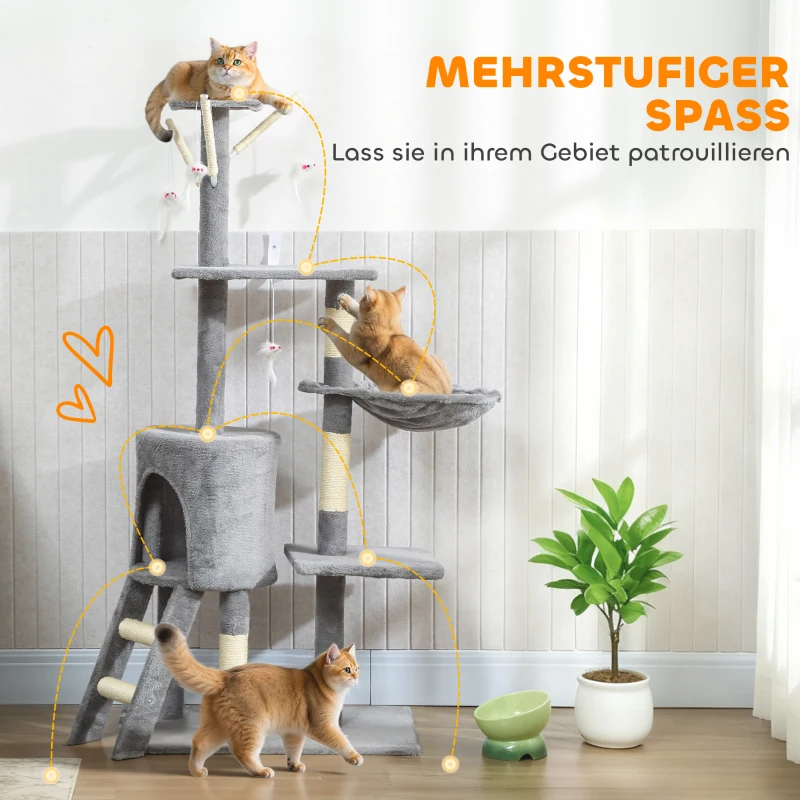 PawHut Krabpaal kattenboom met hol, 4 speeltjes, sisalstammen, groot platform, trap, voor katten onder 5 kg, Grijs