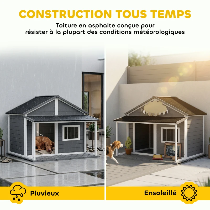 PawHut Niche pour Chien Extérieur avec Terrasse et Toit Bitumé Bois 124 x 112 x 105 cm Gris