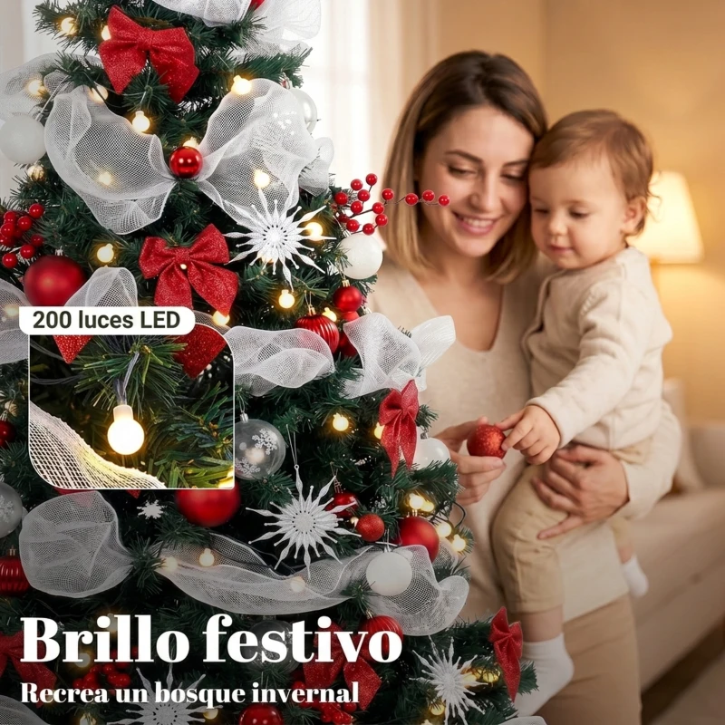 HOMCOM Árbol de Navidad Predecorado 180 cm con 200 LED 8 Modos 800 Ramas Mando y Base Plegable Funciona con USB Verde y Rojo