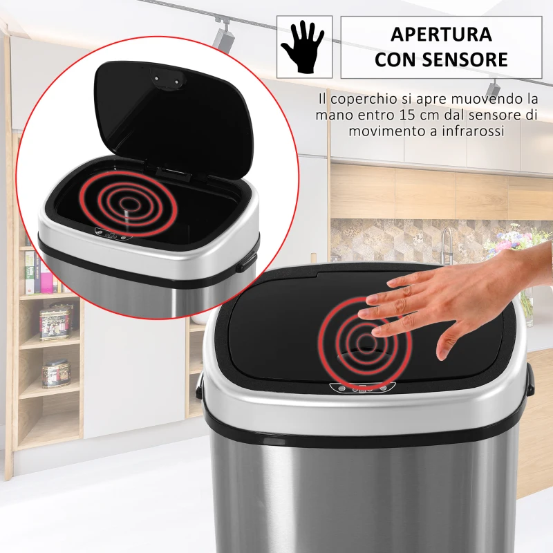HOMCOM Pattumiera Cestino Bidone con Coperchio a Sensore ad Infrarossi per Cucina Bagno Capacità 58L in Acciaio ABS 40.9 × 28.9 × 68cm