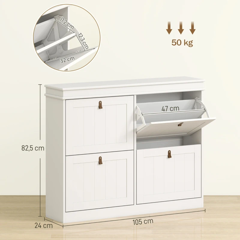 HOMCOM Móvel Sapateira Branco Sapateira Estreita com 4 Portas e Prateleira Ajustável para 20 Pares de Sapatos 105x24x82,5 cm Branco