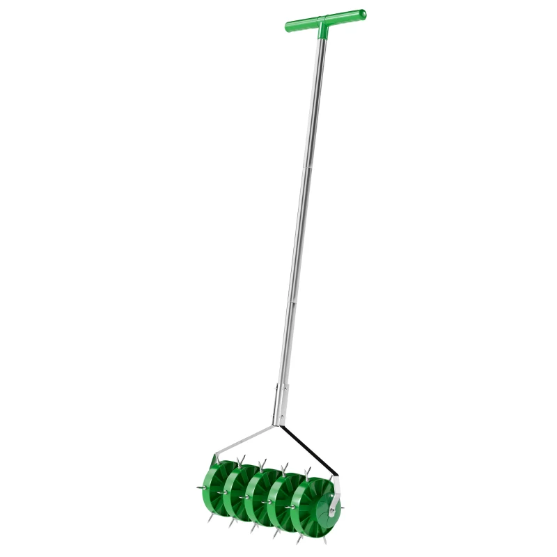 Outsunny Rolling Lawn Aerator, Manual Grass Spike Roller, Heavy Duty Garden Aerator with 3 Piece Detachable Handle and T-bar Grip, Outdoor Garden Lawn Tool, Dark Green