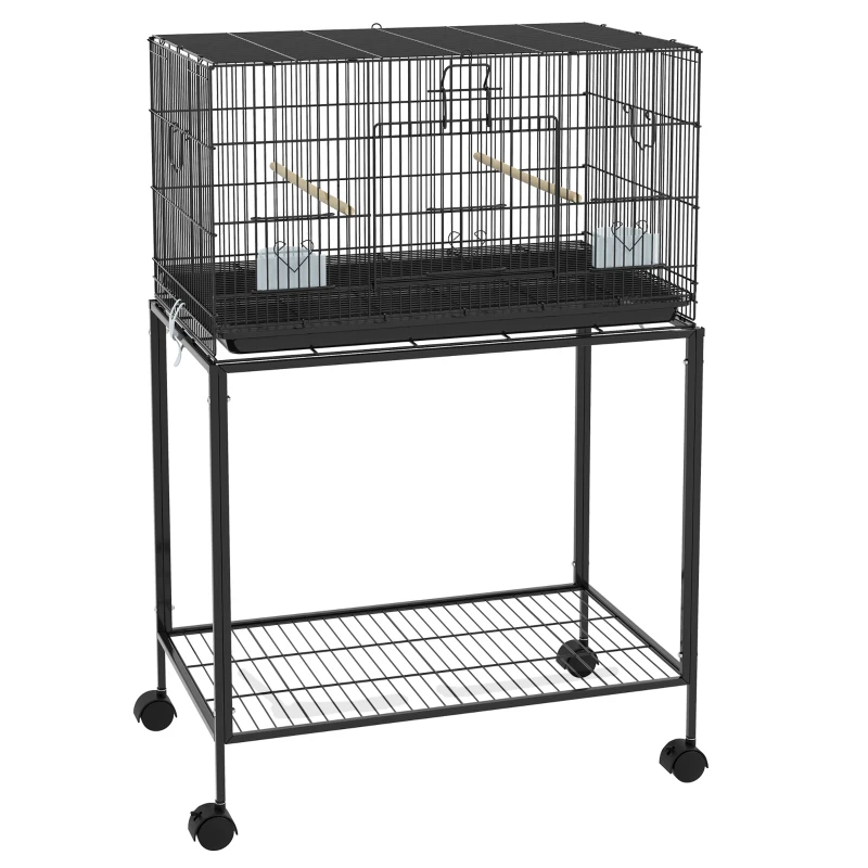 PawHut Jaula para Pájaros con Ruedas 77x46x119 cm Jaula Metálica para Aves con Bandeja Extraíble 2 Perchas 2 Comederos Negro