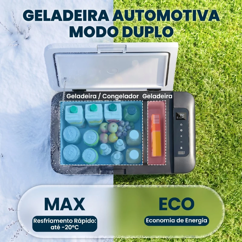 Outsunny Geleira Elétrica de Compressor 25L Portátil até -20℃ com Luz LED e Alças Dobráveis Geleira de Carro 12V/24V e 240V para Casa Campismo Viagem 58,5x33,5x35,2cm Branco