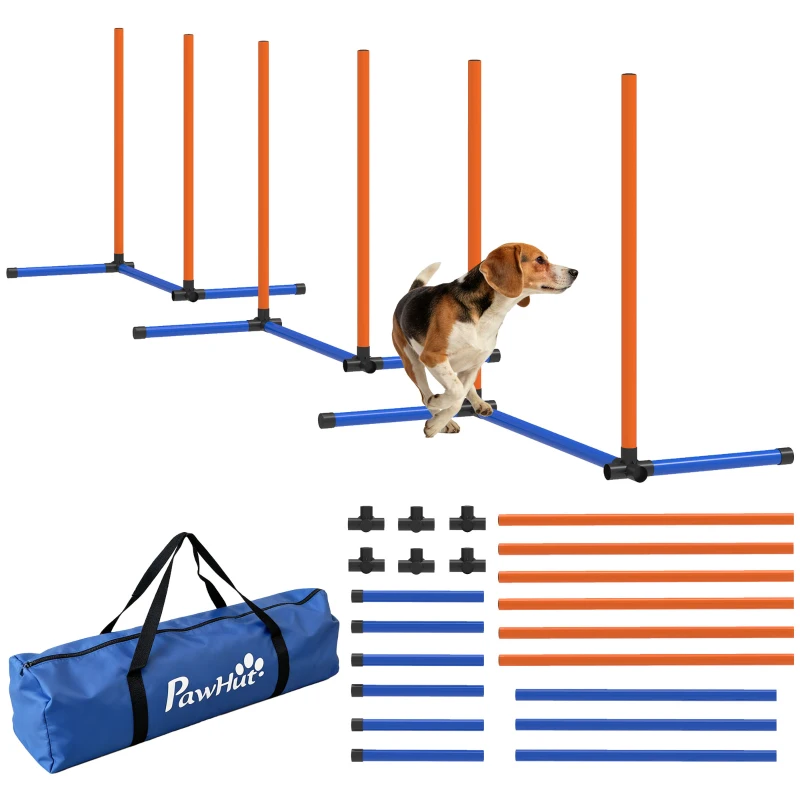 PawHut Agility-set voor honden 3-delige agilityuitrusting met slalomstokken draagtas trainingsset voor alle hondenmaten Oranje