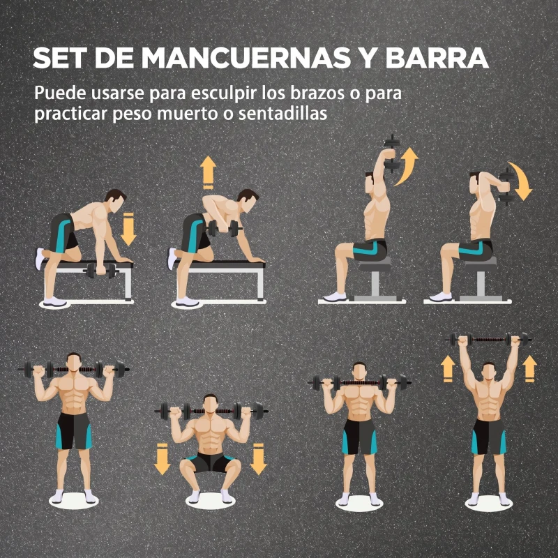HOMCOM Juego de Mancuernas Ajustables 15 kg 2 en 1 con Barras Conexión y Mangos Antideslizantes para Gimnasio en Casa Negro