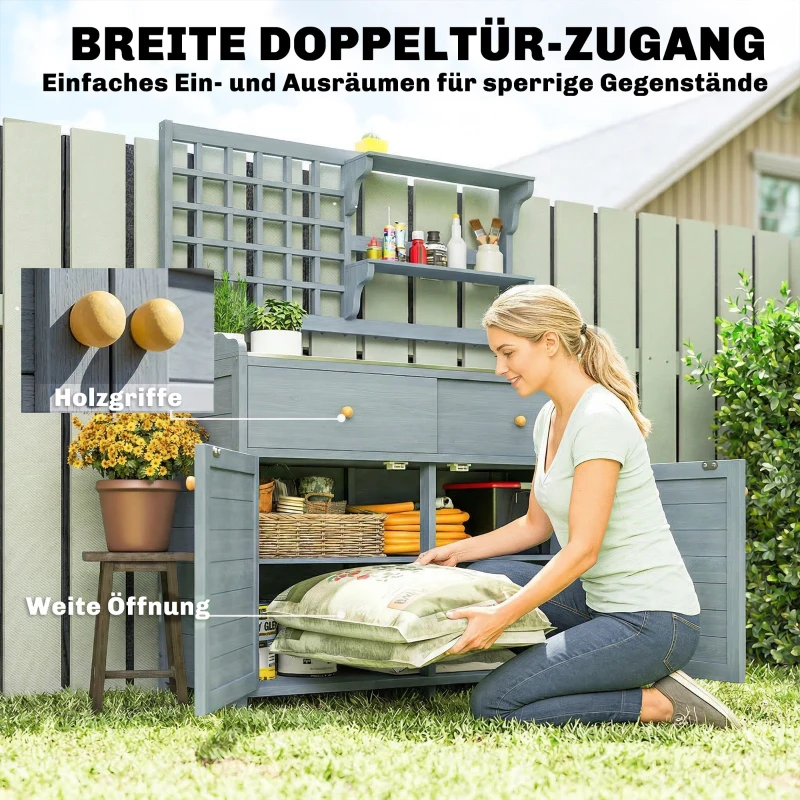 Outsunny Plantentafel met Kast Outdoor - Houten Tuinkast met Gegalvaniseerd Werkblad, 2 Lades, 104x44x140 cm, Lichtgrijs