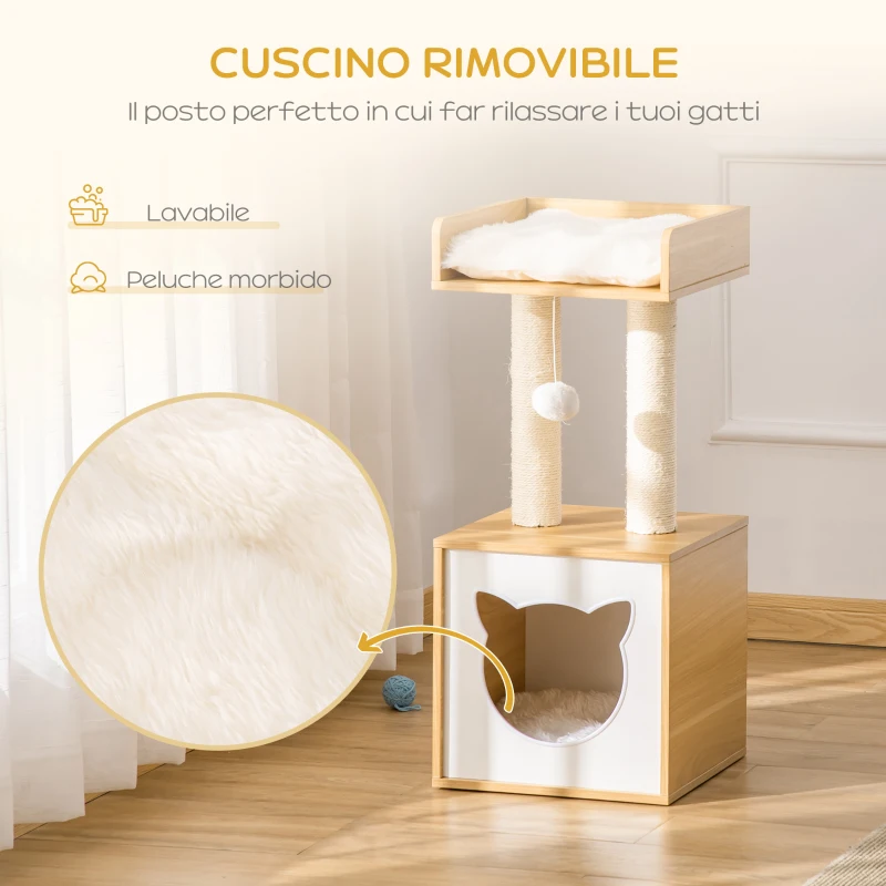 PawHut Casetta per Gatti con Pali Tiragraffi in Sisal, Cuscini Lavabili e Pallina, 35x35x81cm, Quercia