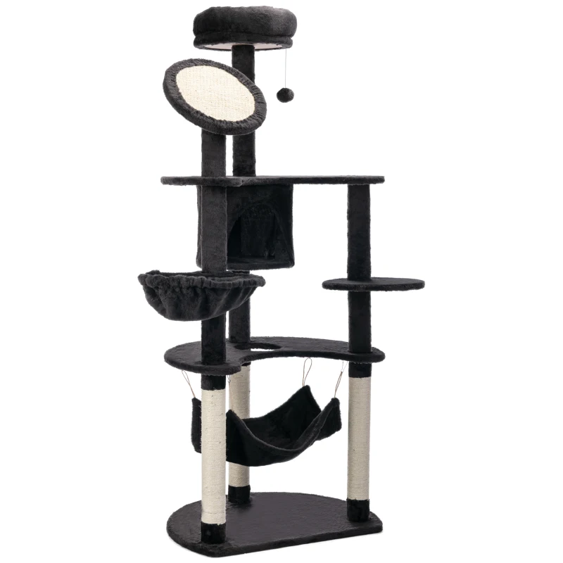 PawHut Árvore Arranhador para Gatos Grande Altura 153cm Torre de Escalada para Gatos com Caverna Redes Plataformas Postes Arranhadores de Sisal e Bola Suspensa Cinza Escuro
