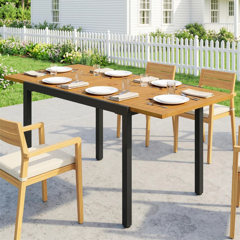Outsunny Mesa de Jardín Extensible 100/150x70 cm de Madera y Metal con Agujero para Sombrilla para 4-6 Personas Teca