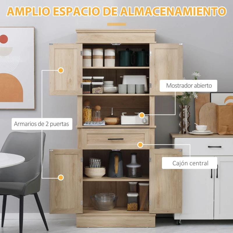 HOMCOM Alacena de Cocina con 4 Puertas 1 Cajón y Estante Abierto Mueble Auxiliar para Microondas 74x39,5x183 cm Roble