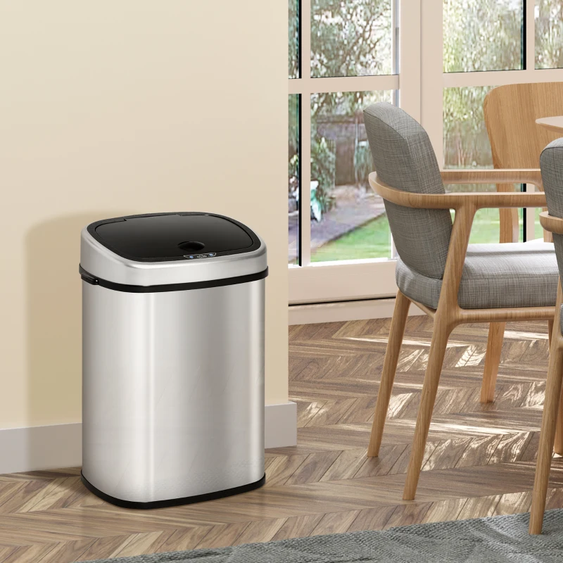 HOMCOM Pattumiera Cestino Bidone con Coperchio a Sensore ad Infrarossi per Cucina Bagno Capacità 58L in Acciaio ABS 40.9 × 28.9 × 68cm