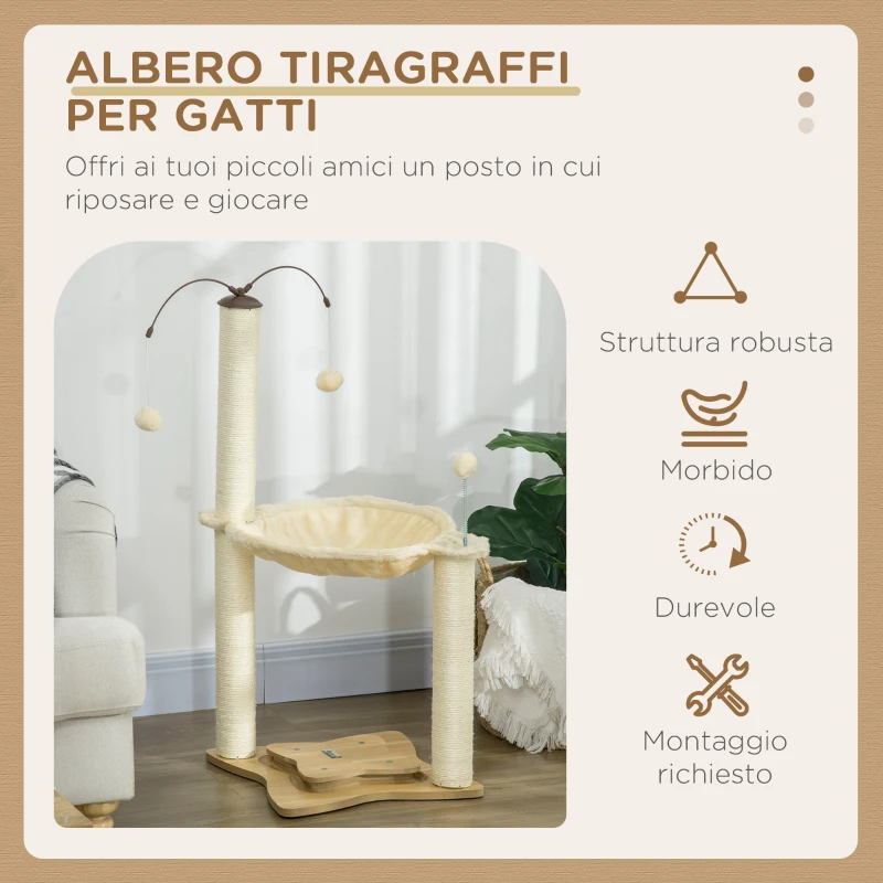 PawHut Albero Tiragraffi per Gatti max 5kg con Amaca, Palline da Gioco e Pali in Sisal, 53.5x53.5x90 cm, Beige