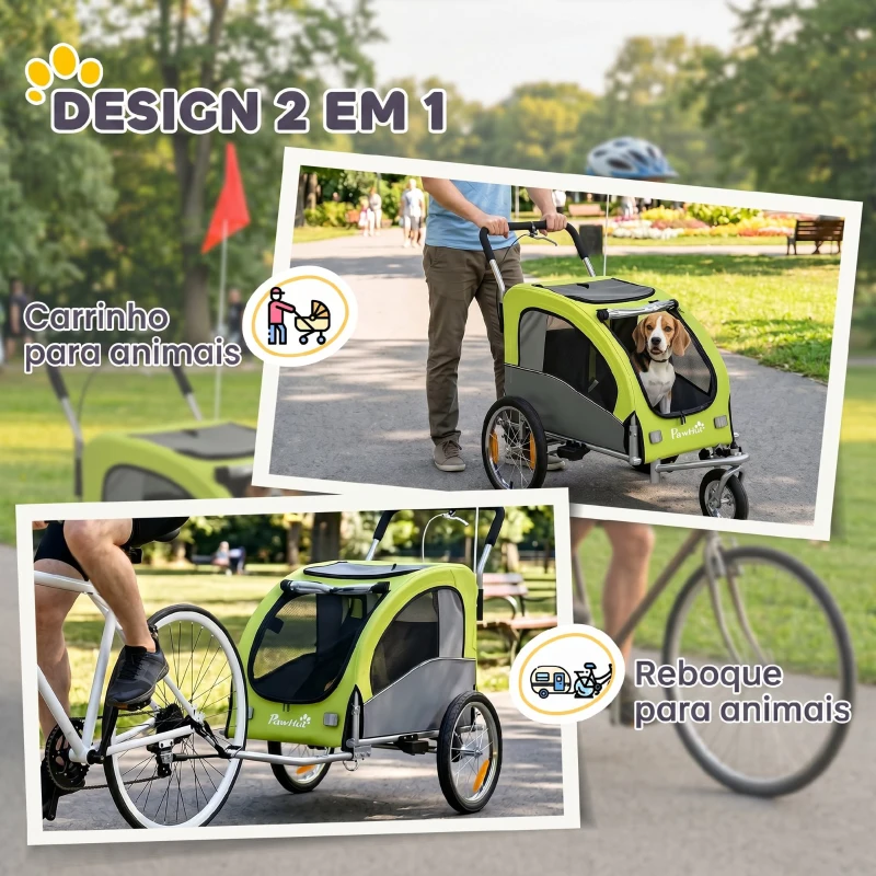 PawHut Reboque de Bicicleta para Cães 2 em 1 Carrinho para Cães de Porte Médio Dobrável com Suspensão Pneus Grandes Janelas Verde