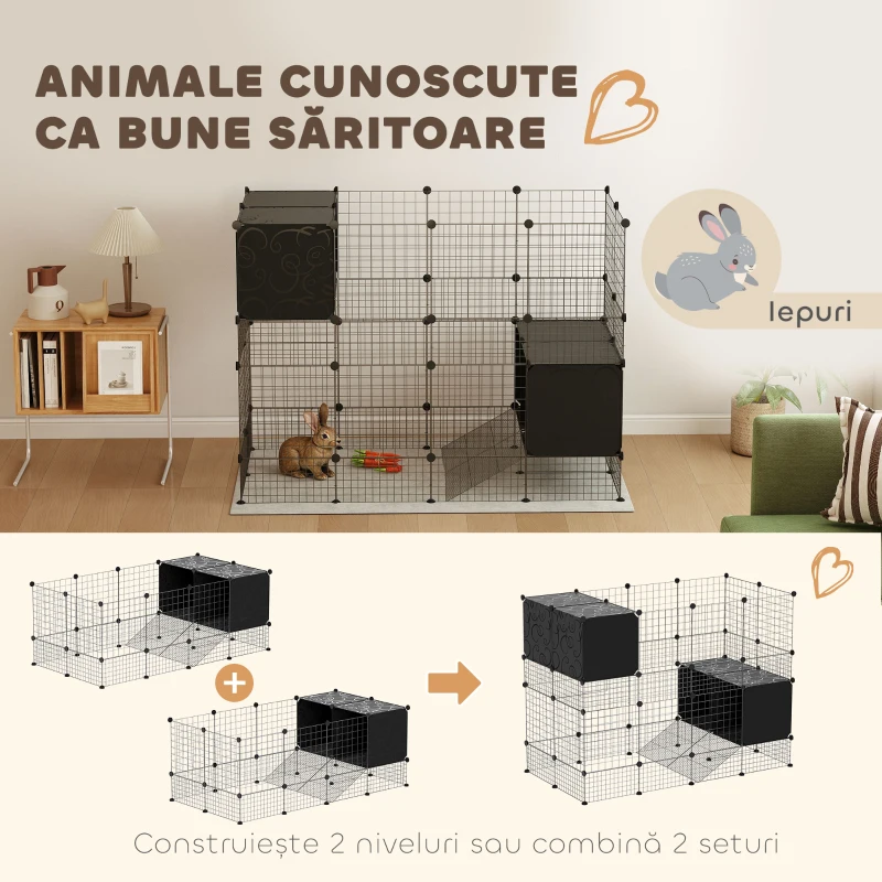 PawHut Cușcă pentru Animale Mici Modulară cu Căsuțe Ridicate pentru Porcușori de Guineea și Arici, Negru