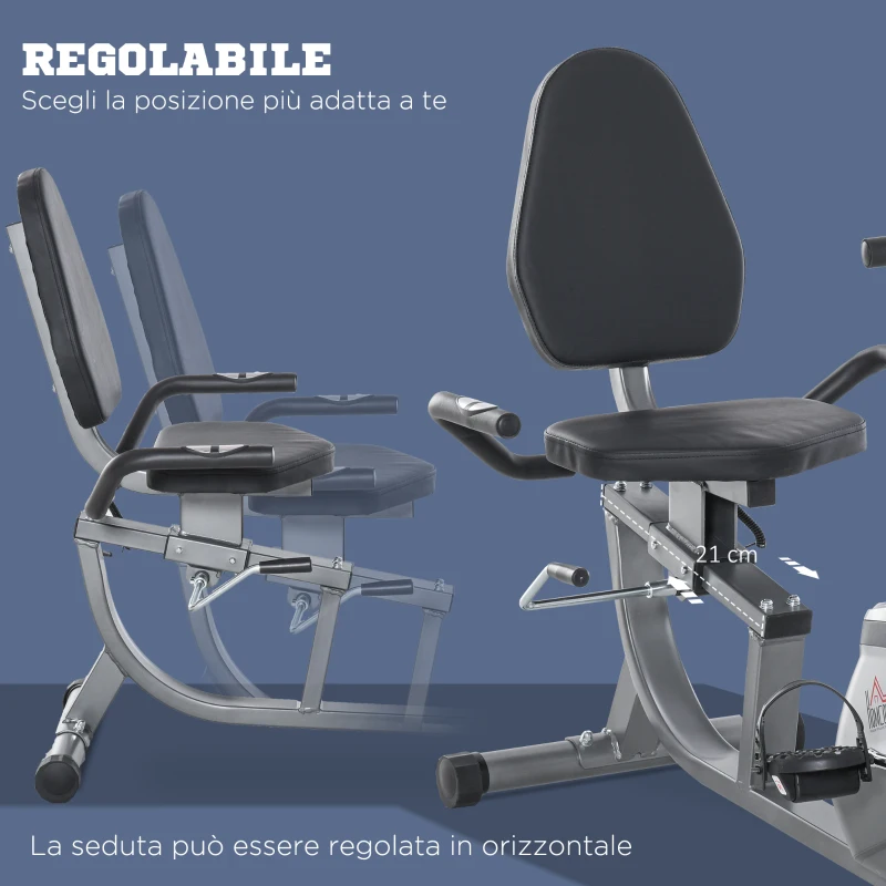 HOMCOM Cyclette Orizzontale con Seduta Regolabile, 8 Resistenze e Monitor LCD, 121.5-136x62.5x98cm, Grigio