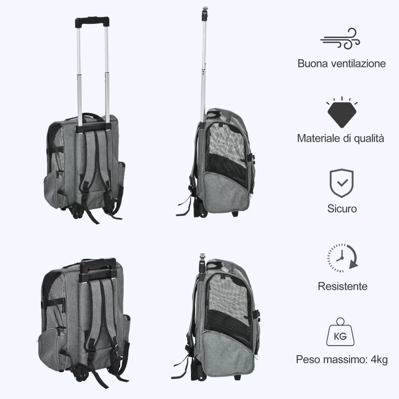 PawHut Trasportino Zaino  2 in 1 per Cani e Gatti con Tasche Laterali, Maniglia Telescopica e Ruote, 42x25x55cm, Grigio