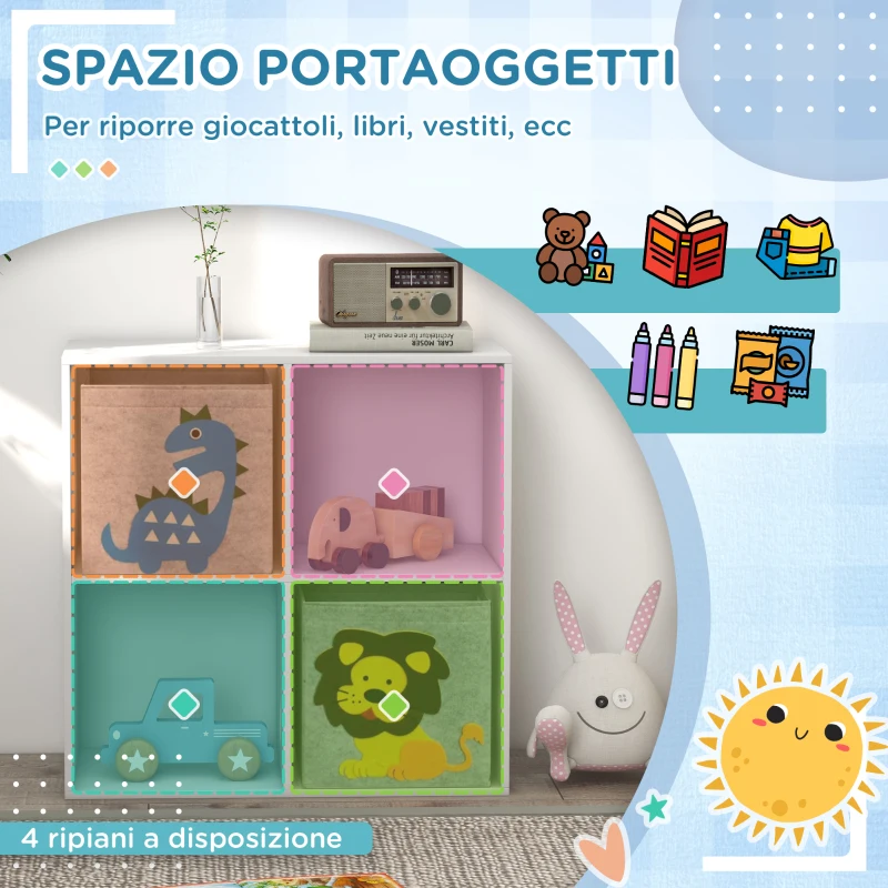 ZONEKIZ Scaffale Portagiochi per Bambini con 4 Scomparti e Contenitori, 61.8x29.9x61.8cm, Bianco