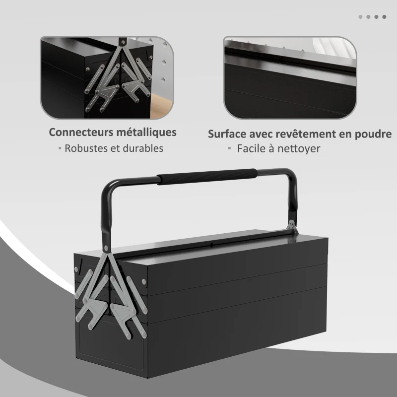 DURHAND Boite à outils métallique - coffret à outils - caisse à outils 3 niveaux 5 plateaux rétractables - tôle acier noir