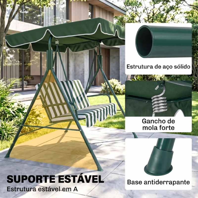 Outsunny Baloiço de Jardim de 3 Lugares com Almofada Toldo Ajustável e Estrutura de Metal 172x110x153cm Verde e Branco