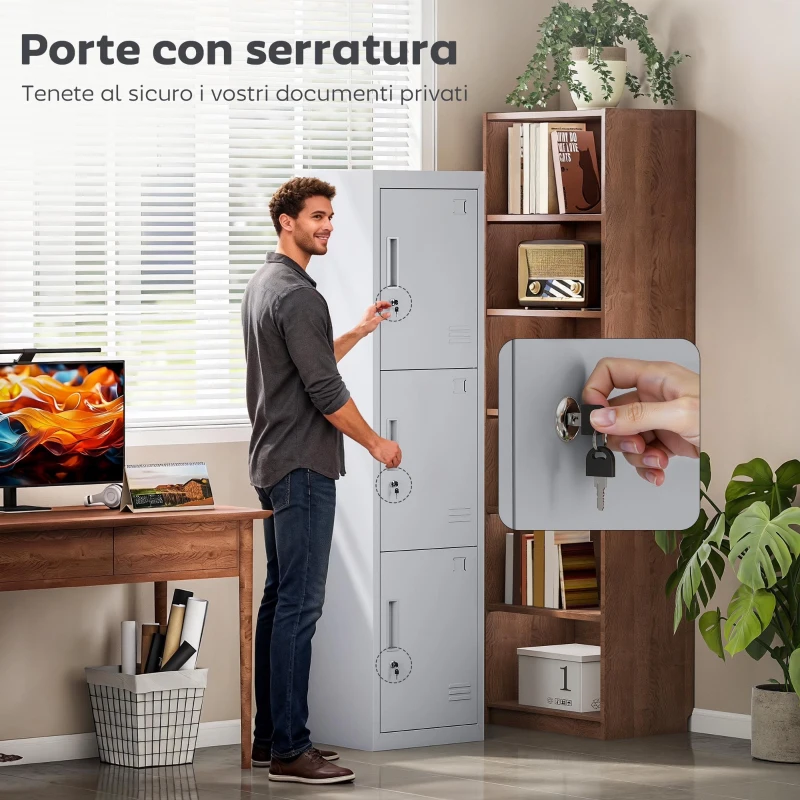 HOMCOM Armadio per Ufficio in Acciaio a 3 Porte Indipendenti con Serratura e 2 Chiavi, 45x38x180 cm, Grigio Chiaro