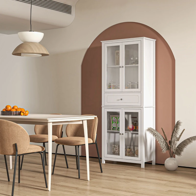 HOMCOM Armário de Cozinha com 4 Portas de Vidro Temperado Gaveta e Prateleiras Ajustáveis 74x35,5x181,5 cm Branco