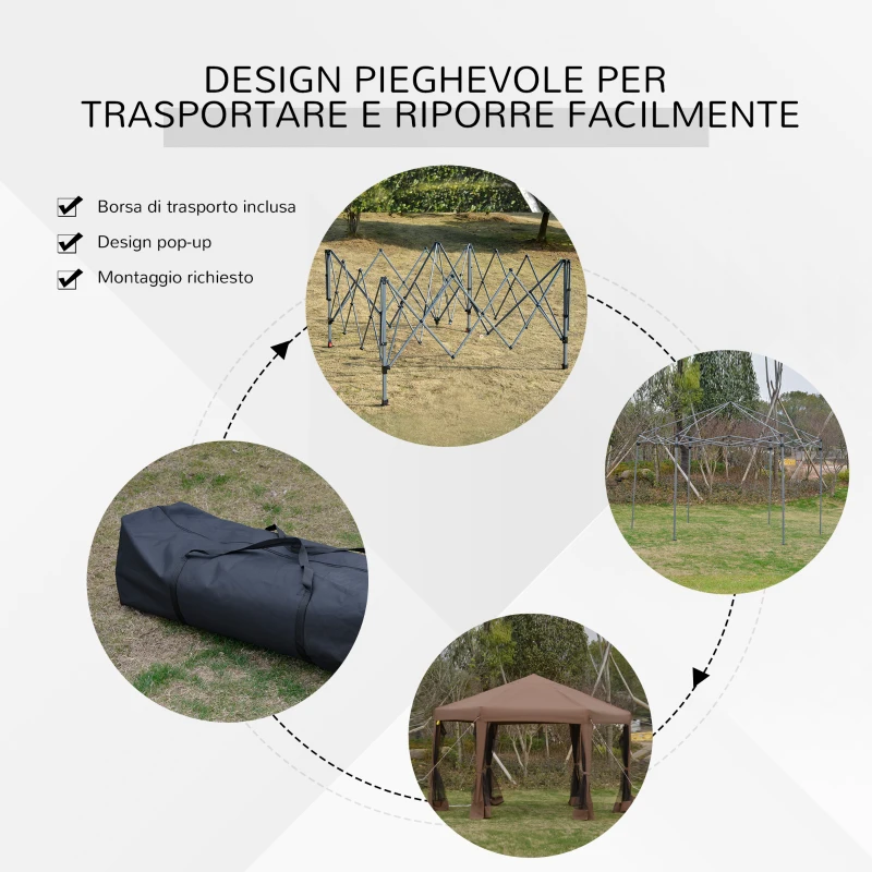 Outsunny Gazebo da Giardino Pieghevole ed Esagonale con Zanzariera, in Acciaio e Poliestere, 3.2x3.2x2.7 m, Marrone