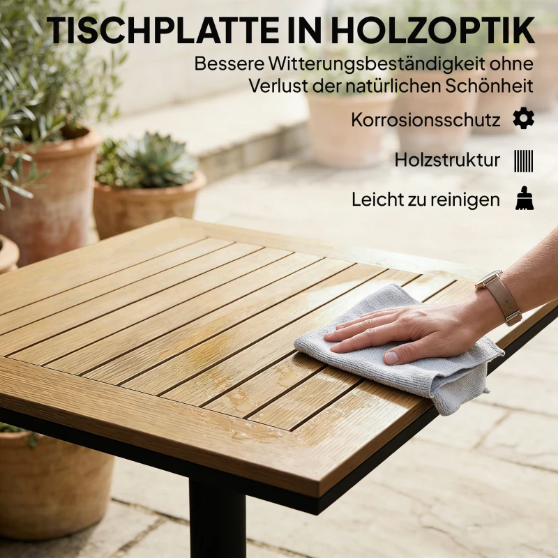 Outsunny Bijzettafel 70 x 70 cm weerbestendig tuintafel met houtlook brede basis, vierkant natuurhout