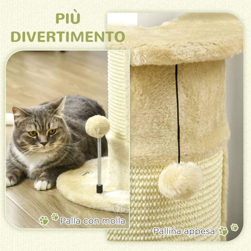 PawHut Albero Tiragraffi per Gatti fino 5kg con 2 Palline in Sisal e Peluche, 34x25.5x58cm, Beige