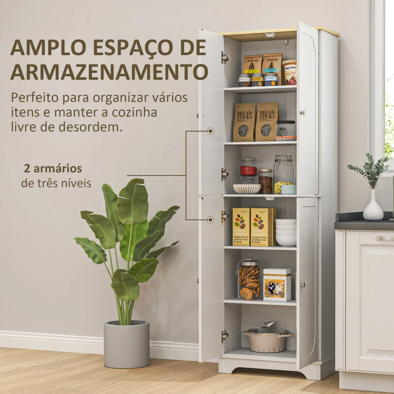 HOMCOM Armário de Cozinha Armário Alto de Cozinha Móvel Auxiliar de Cozinha com 4 Portas e Prateleiras Ajustáveis 60x30x183 cm Branco