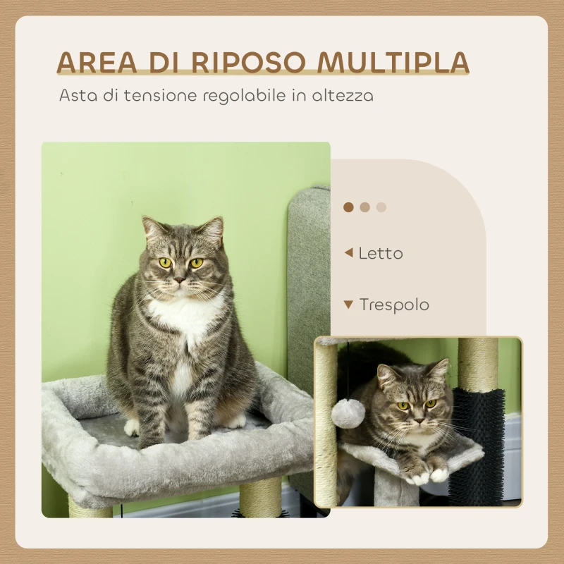PawHut Albero Tiragraffi con Lettino, Piattaforma, Spazzola e Palo in Sisal, 40x40x48 cm, Grigio