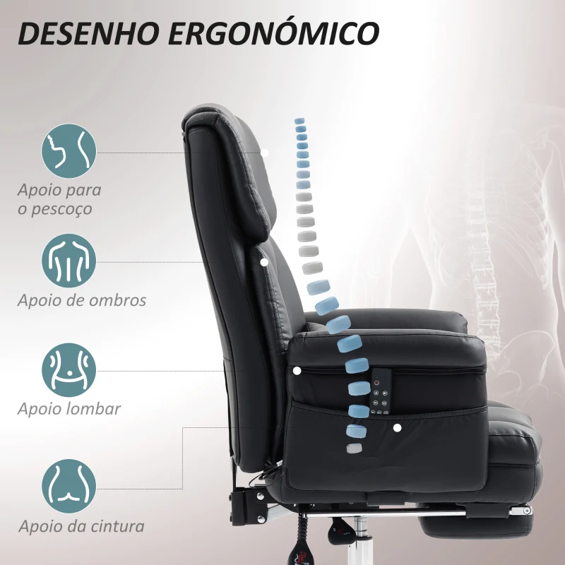 HOMCOM Cadeira de Escritório com Massagem em 6 Pontos Apoio para os Pés Retrátil Controlo Remoto e Suporte Lombar 69x65x115 cm Preto