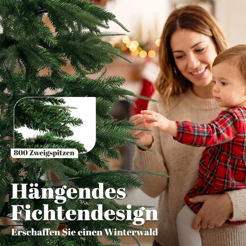 HOMCOM Kunstkerstboom 210 cm, spar met scharniertakken, 800 takpunten, inklapbare stalen standaard, groen