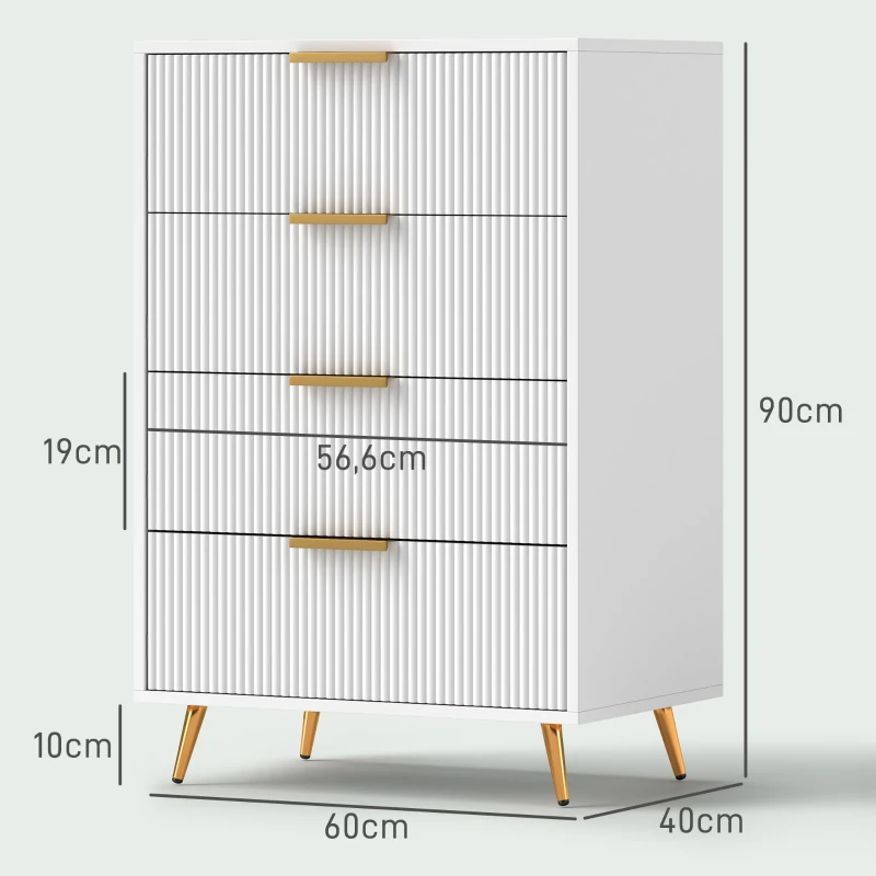 HOMCOM Cómoda de Dormitorio Moderno con 4 Cajones Frentes con Diseño Ondulado Anti-vuelco 60x40x90 cm Blanco