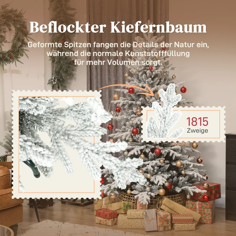 HOMCOM Kunstkerstboom, 180cm kerstboom met sneeuw, 1815 takjes, opvouwbare metalen standaard