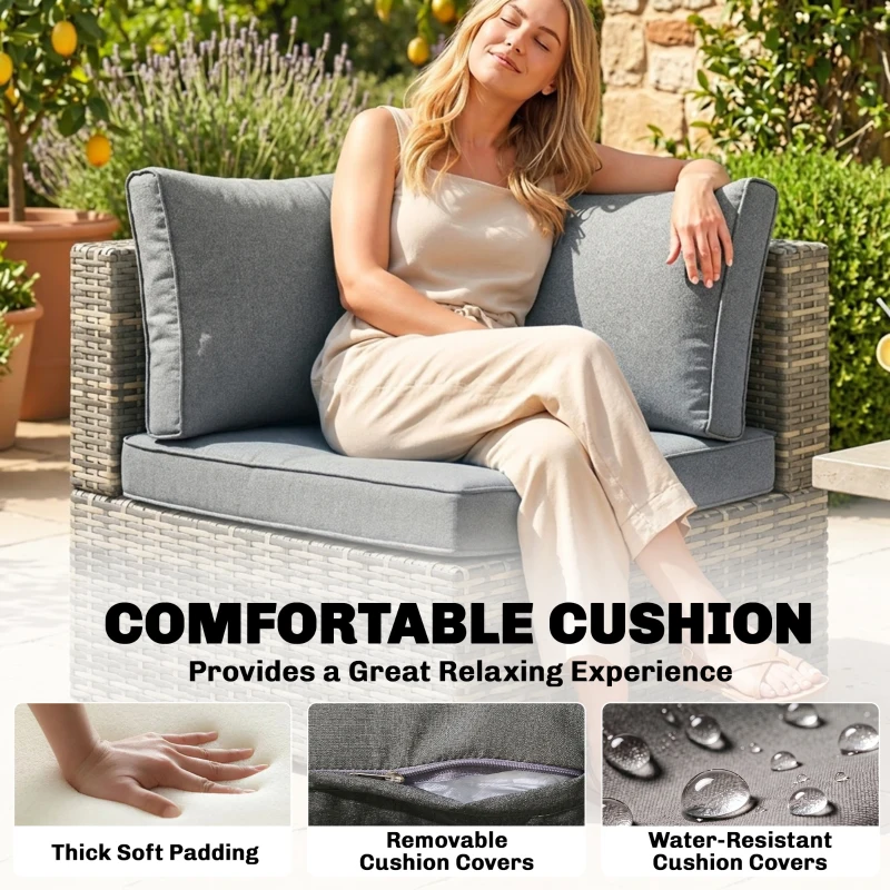 Outsunny Outdoor PE Rattan Corner Sofa, Garden Wicker Furniture Single Sofa Chair w/ Cushions, Light Grey