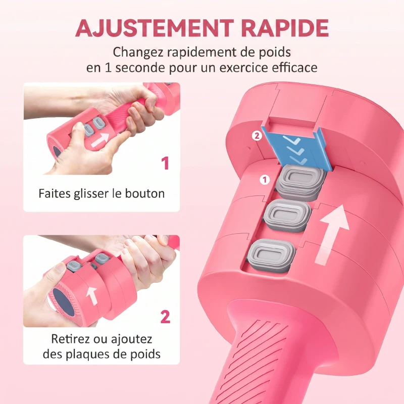 SPORTNOW Ensemble d'Haltères Réglables 5 kg 4 en 1, Paires d'Haltères 1kg/1,5kg/2kg/2,5kg avec Poignée Antidérapante, Rose Cerise