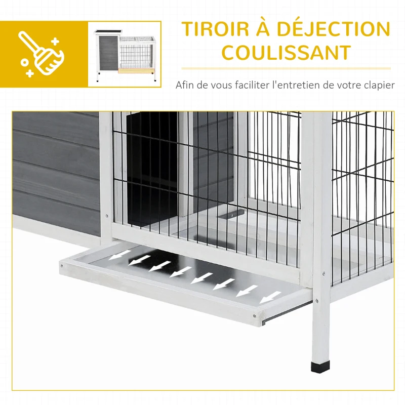 PawHut Clapier sur pieds cage à lapin avec niche intérieure plateau excrément coulissant porte supérieure 92L x 51l x 76H cm gris blanc