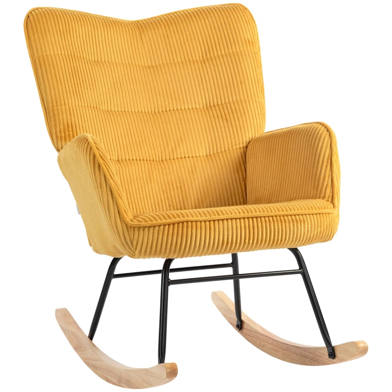 HOMCOM Vintage schommelstoel, gebogen sledes, dikke vulling, beukenhout & staal, geel(m-10)